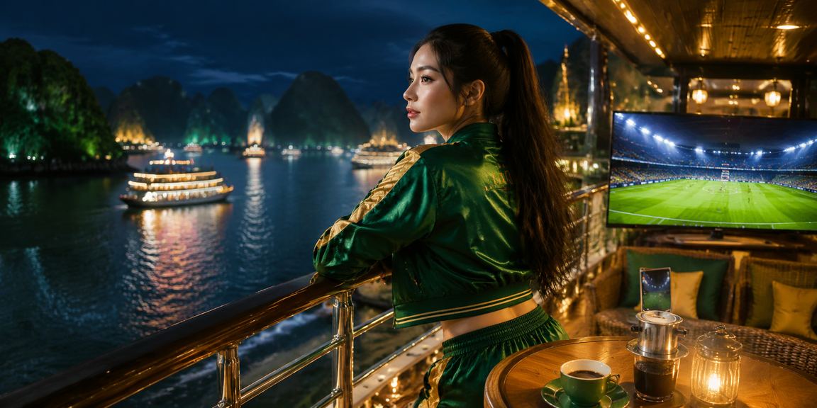 Người dùng thư giãn xem kèo cá cược tại vịnh Hạ Long với ly cà phê